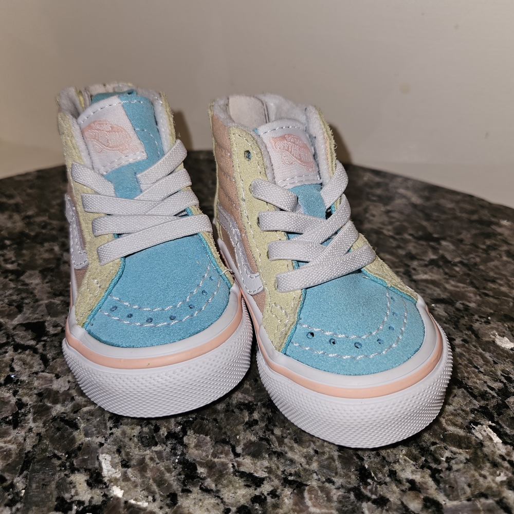 Vans Kids High-Top Sneakers - Blue, Tan, Yellow, Pink- Zip Up- Infant Sz 2 - Picture 2 of 8